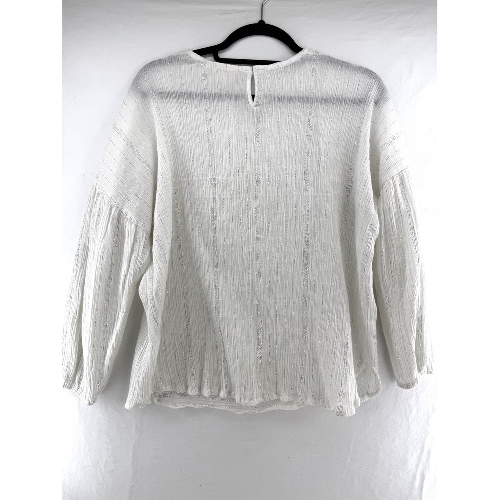 Built by Wendy White Cotton Gauze Ruffle Metallic Stripe Blouse Medium - Picture 7 of 10